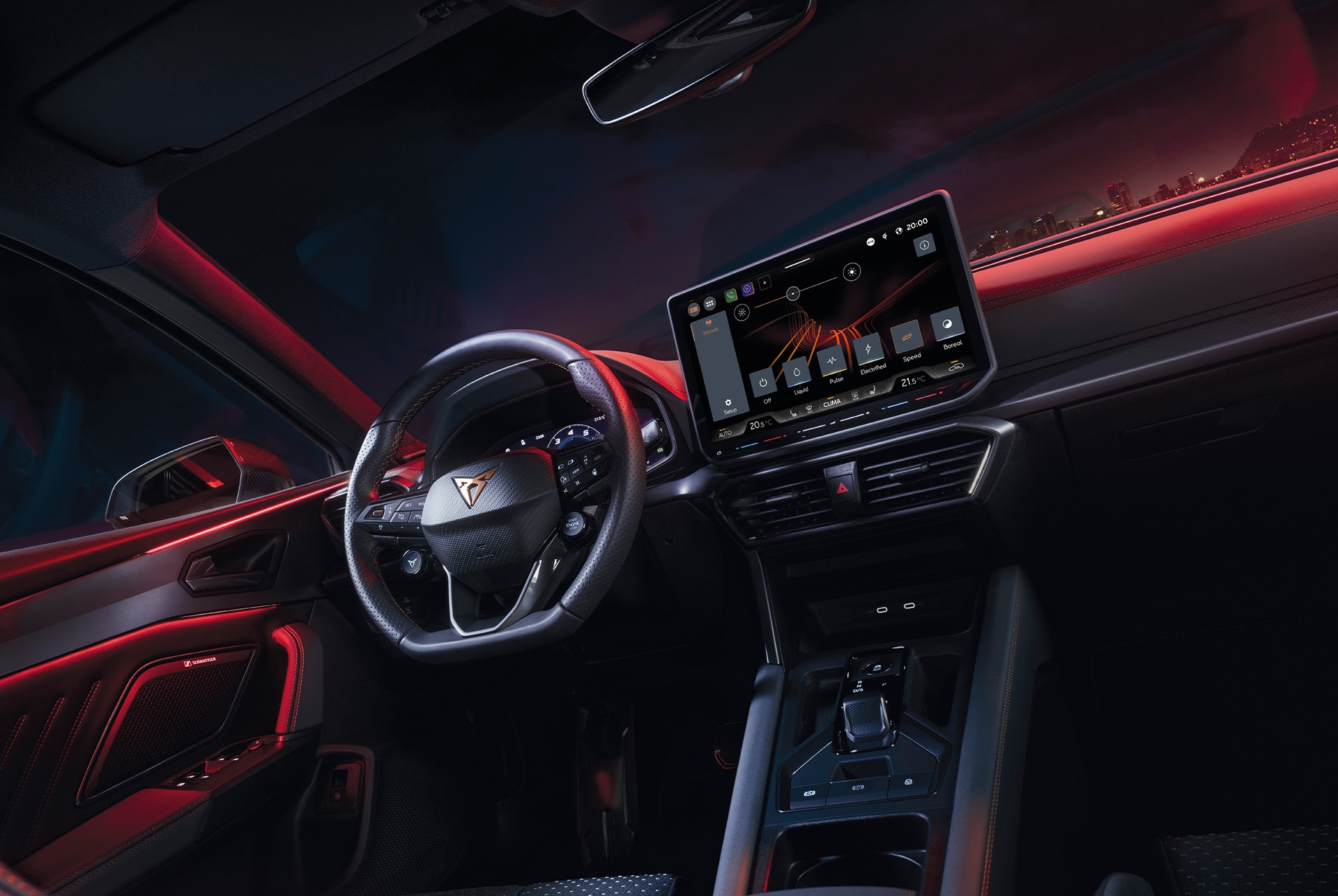 new Cupra Leon 2025 steering wheel, infotainment driving profile selection, advanced steering technology, dynamic chassis control option, dashboard, window and city skyline.