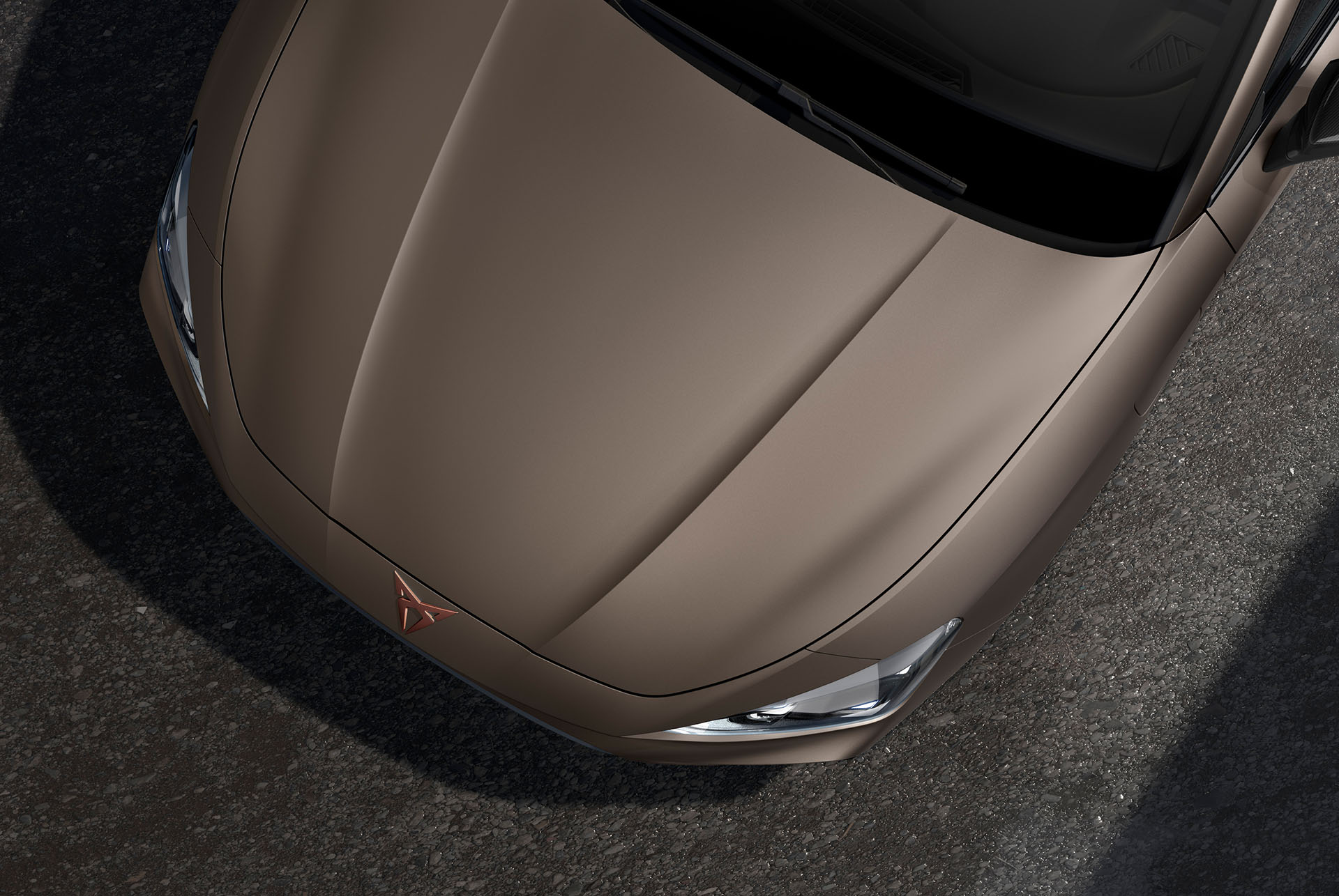 bird’s eye view of a century bronze matt new cupra leon 2025 car hood