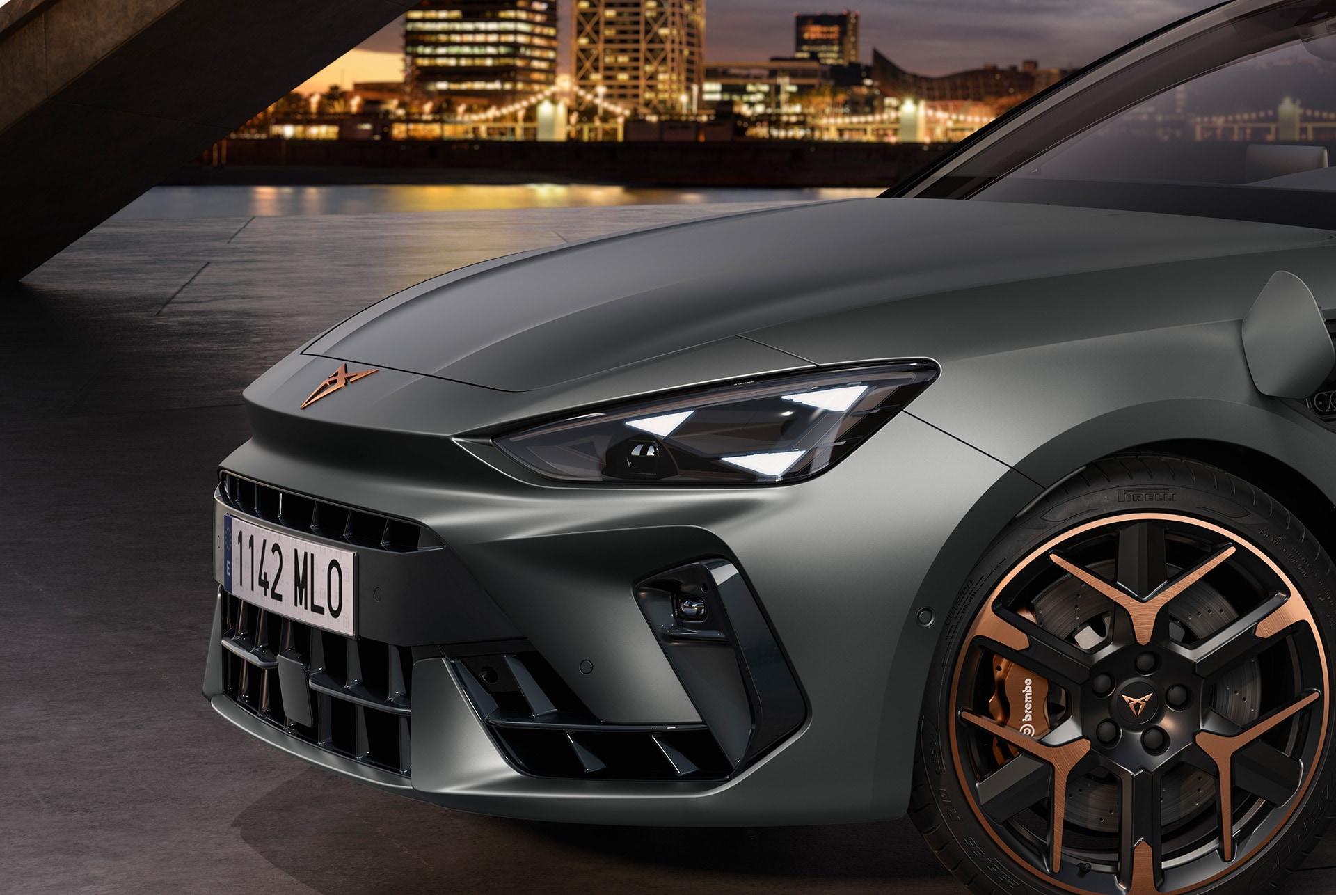 new cupra leon 2025 hybrid car model on charge equipment pack, matrix LED lights, featuring a distinctive signature eye headlights.