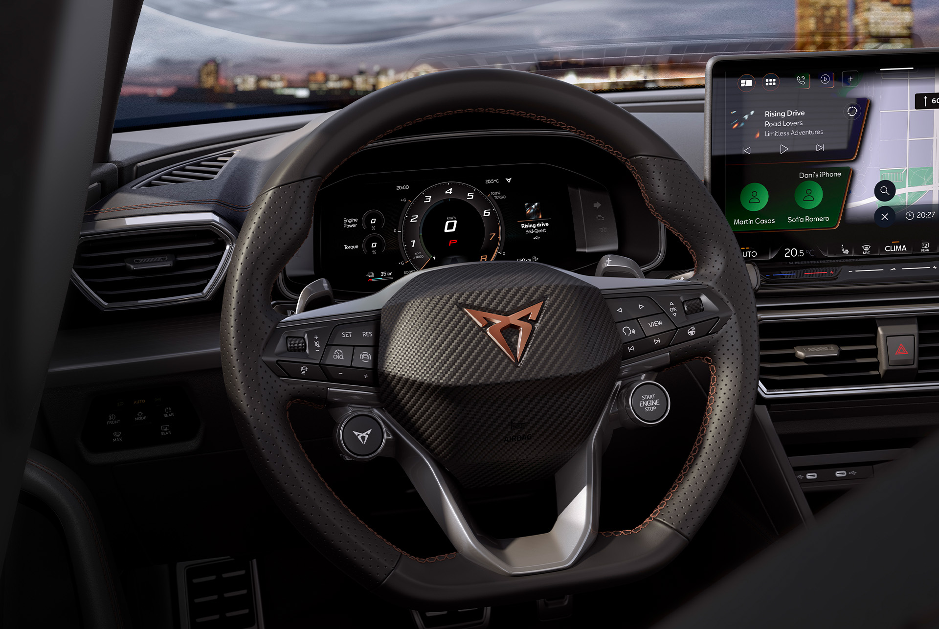 new cupra leon 2025 intelligent drive steering wheel with satellite controls,  safety technology advanced assistance systems, adaptive cruise control, lane keeping and live dynamic road sign display.